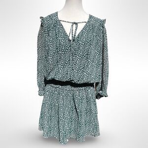 Pinch Green White‎ Smocked Waist 3/4 Sleeve Ruffle Detail Sz L